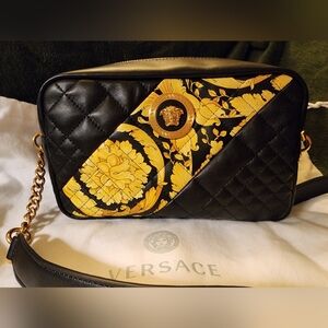 NWT Authentic Versace Black Signature Quilted Lamb Leather Camera Bag